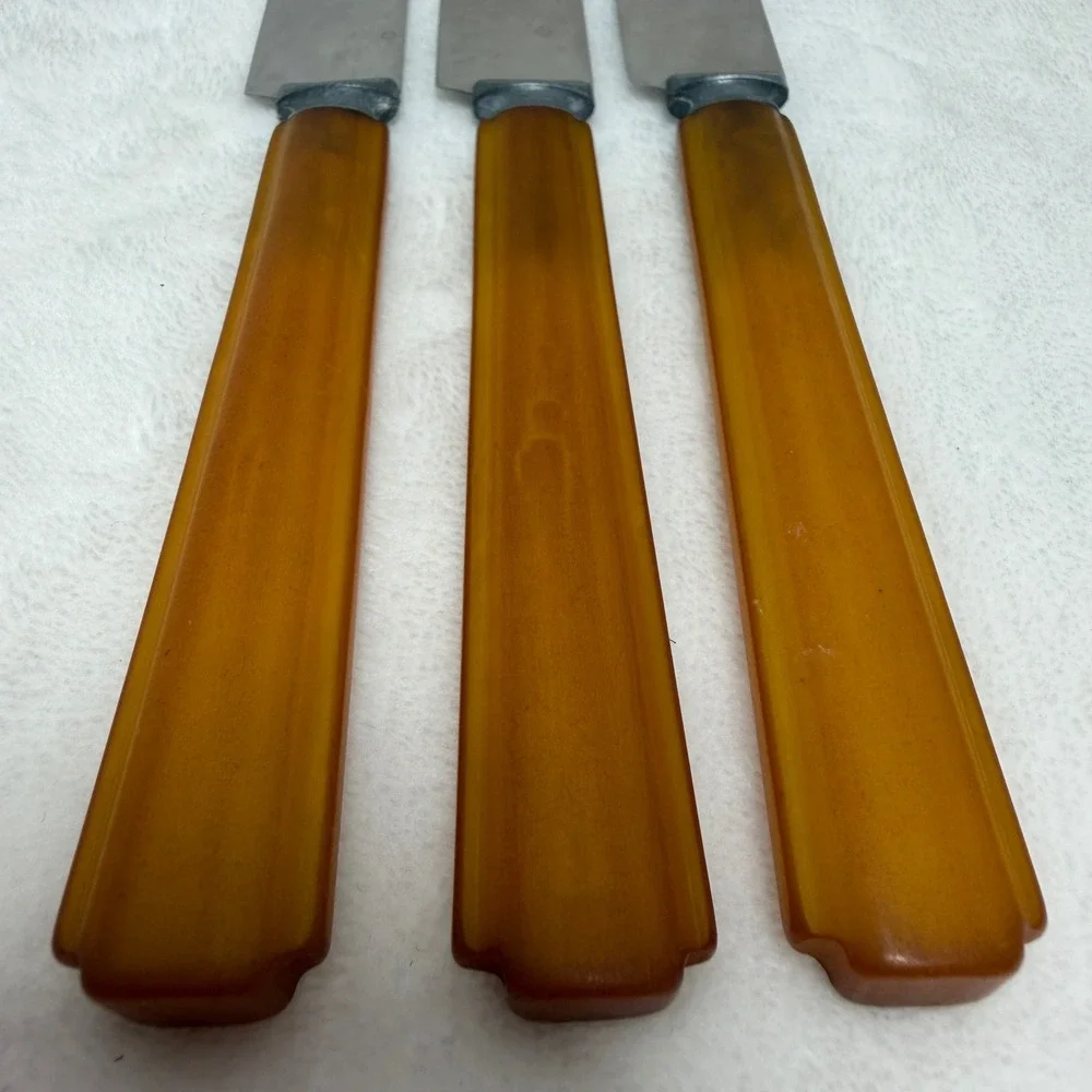 VTG Butterscotch Bakelite Handle Dinner Knives Art Deco Stainless Set of 3 MCM